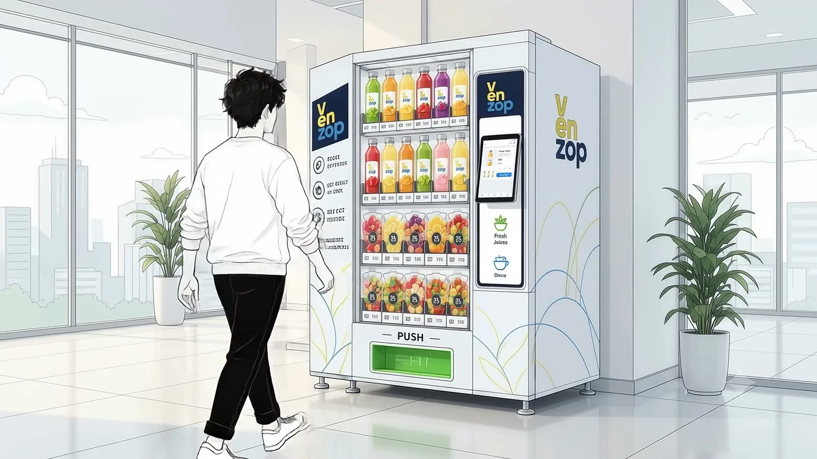 Person using the touchscreen on a Venzop smart vending machine stocked with fresh juices and fruit bowls
